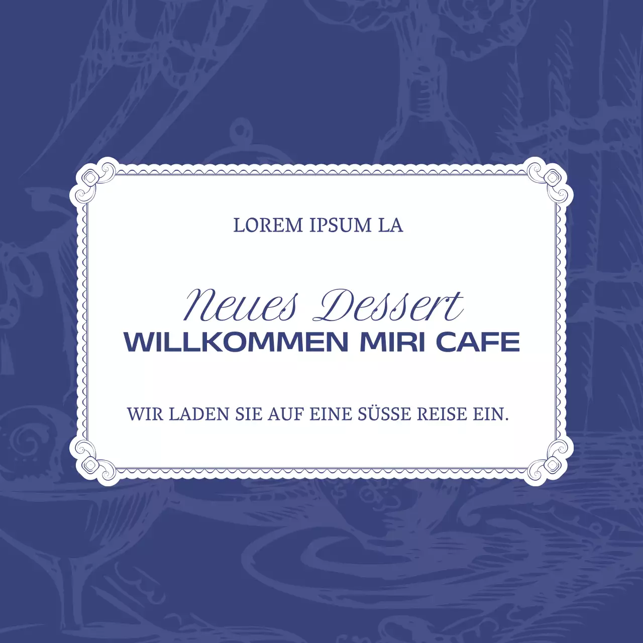 Ankündigung eines modernen Cafés in Blau und Weiß