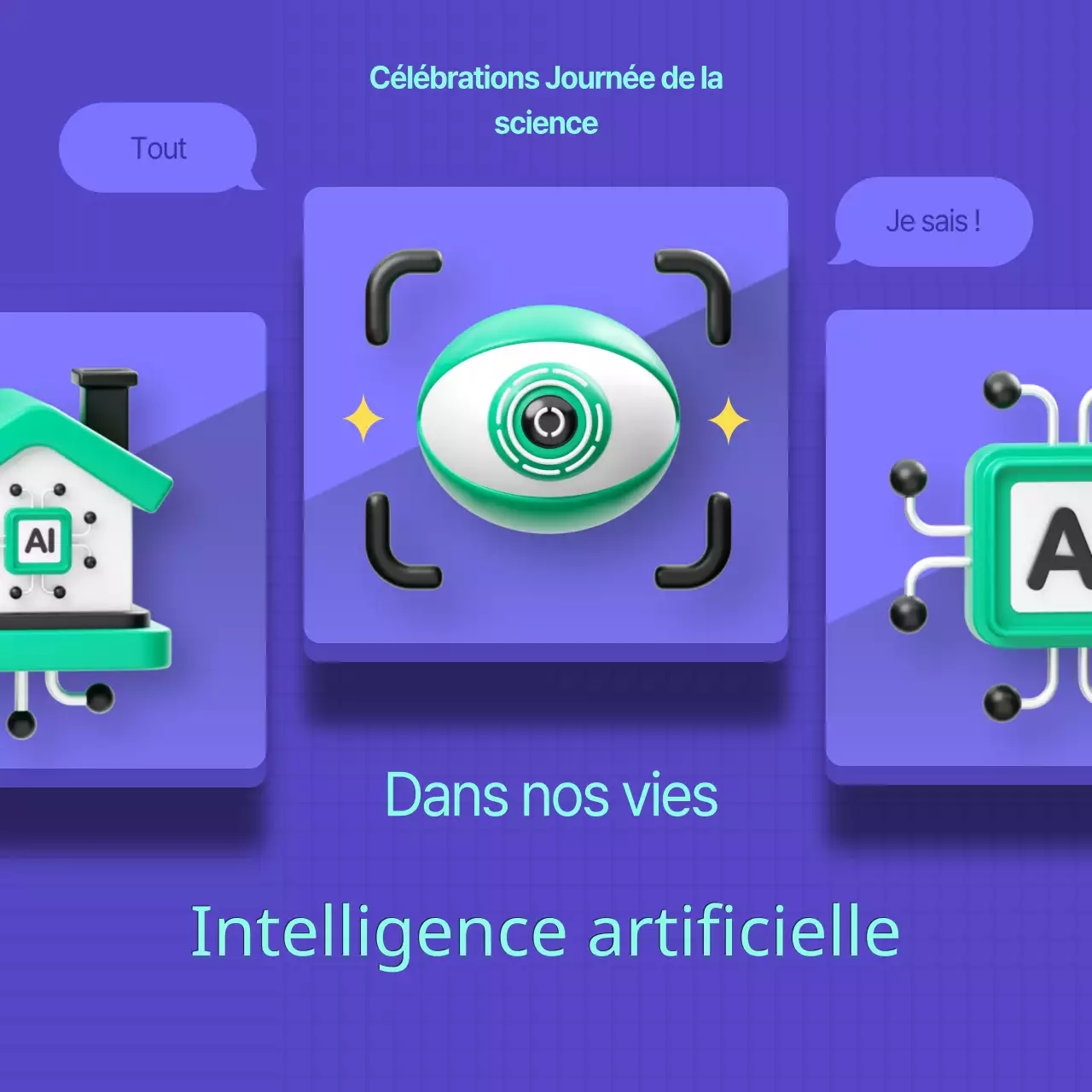 Un poste AI moderne pour la fête de la science, en violet et menthe