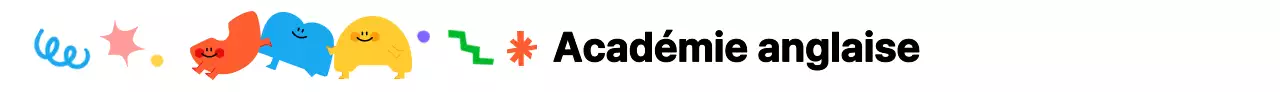 Une académie de langue anglaise colorée avec des personnages illustrés et de nombreuses formes.
