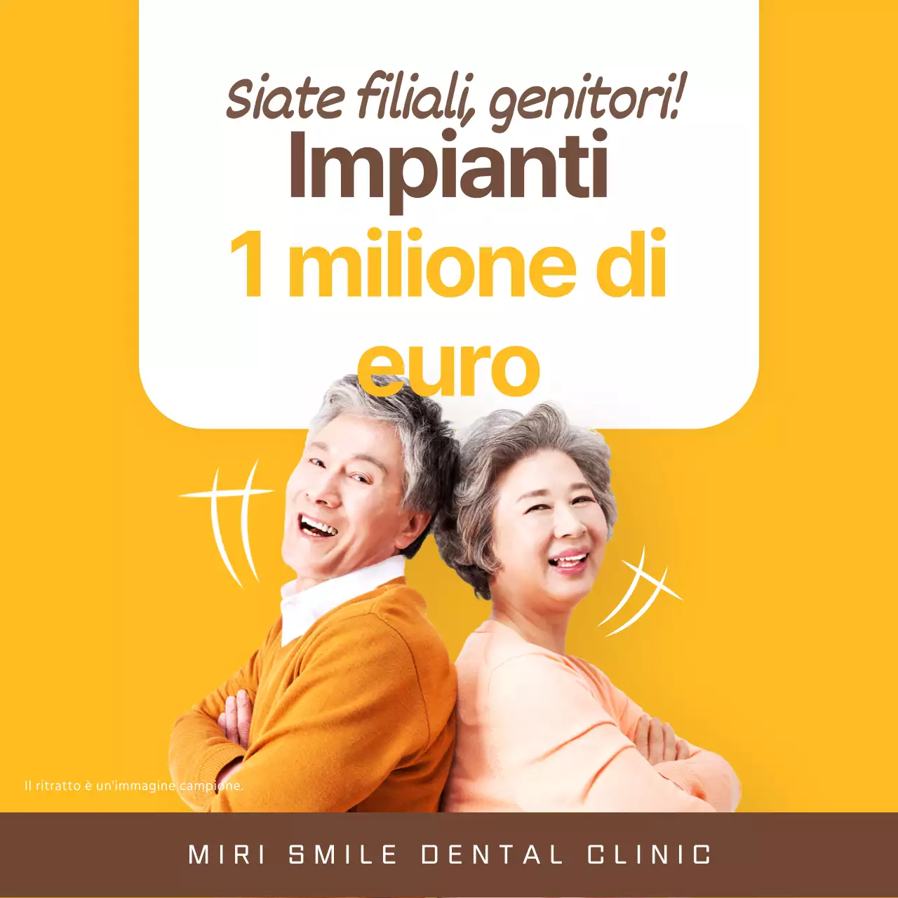 Pubblicità dentale con impianto di pietà filiale semplice in arancione e marrone