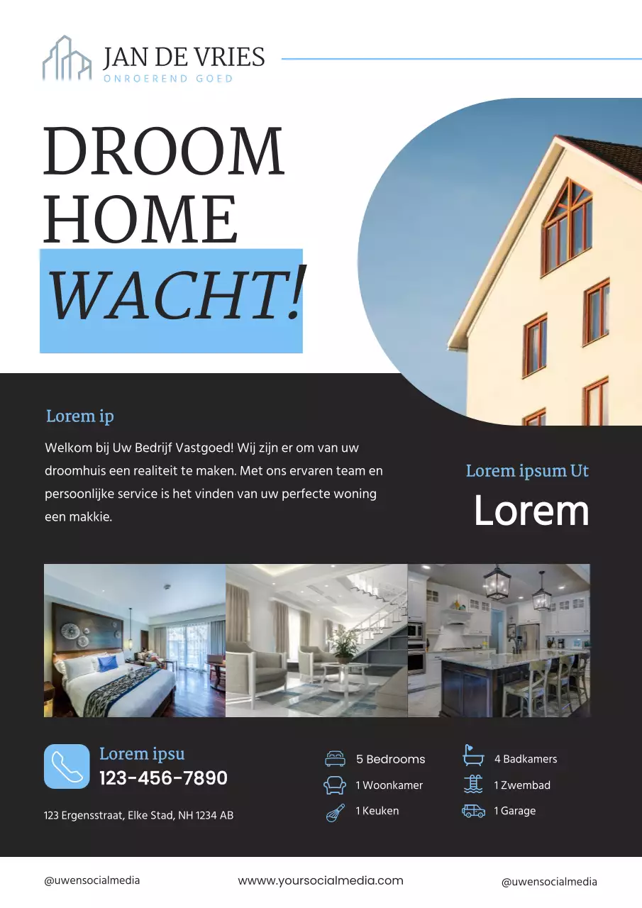 Blauw zwart minimalistisch modern huis te koop vastgoed poster