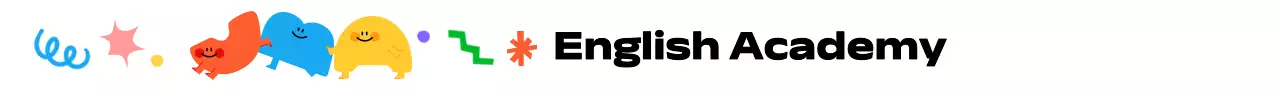 Học viện tiếng Anh đầy màu sắc với các nhân vật được minh họa và nhiều hình dạng khác nhau.