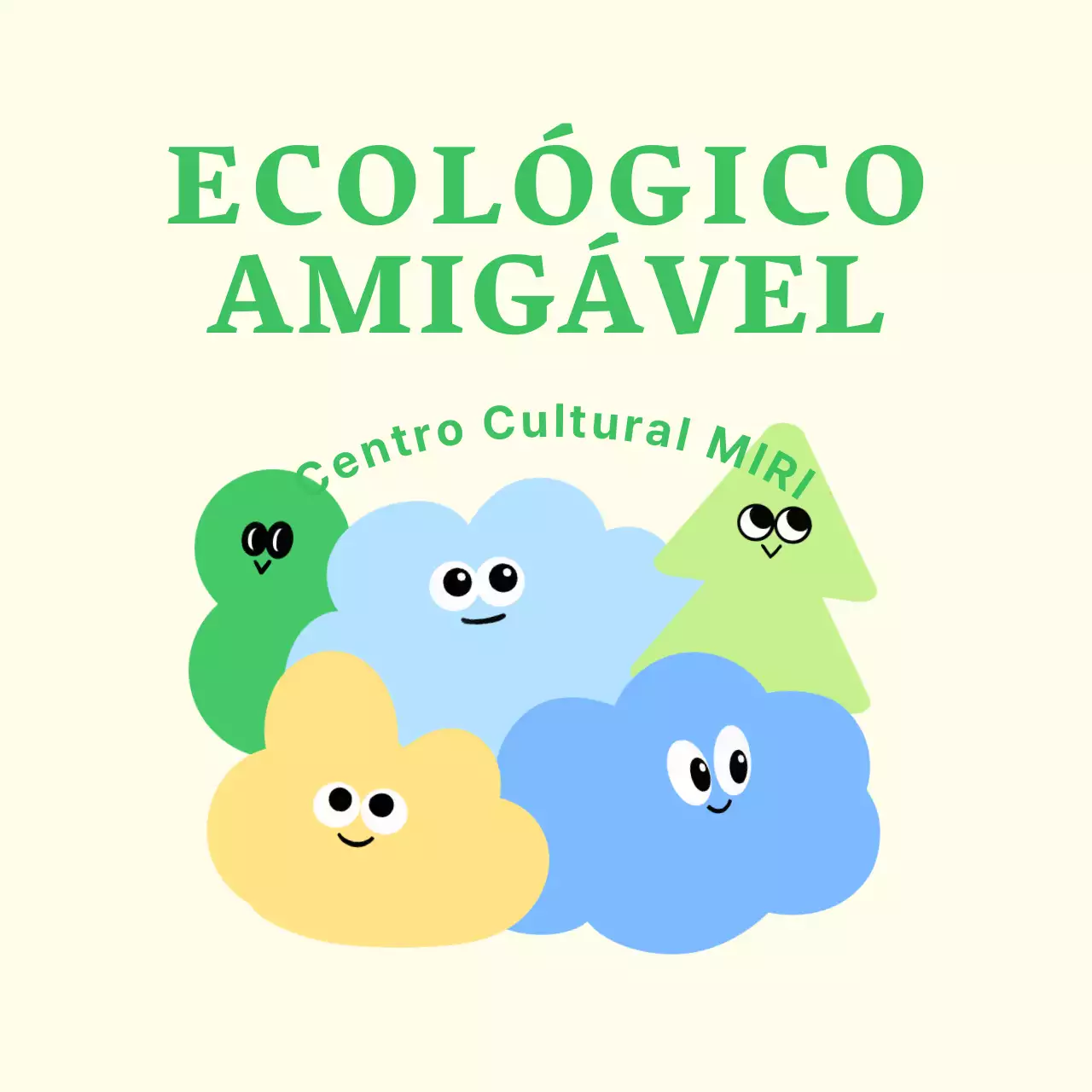 Centro cultural com nuvens coloridas e ilustrações da natureza de relva e árvores