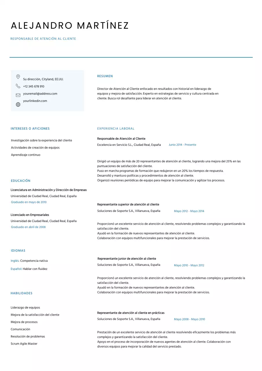 Blanco Azul Minimalista Limpio Servicio al Cliente CV Curriculum Vitae