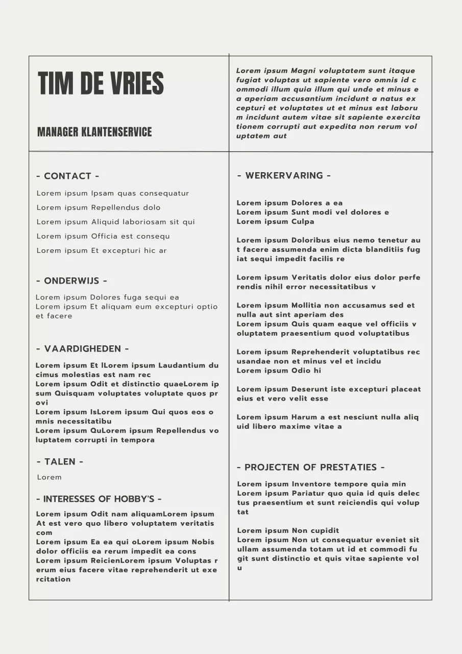 Beige en Grijs Minimal Klant Servicemanager CV Introductie