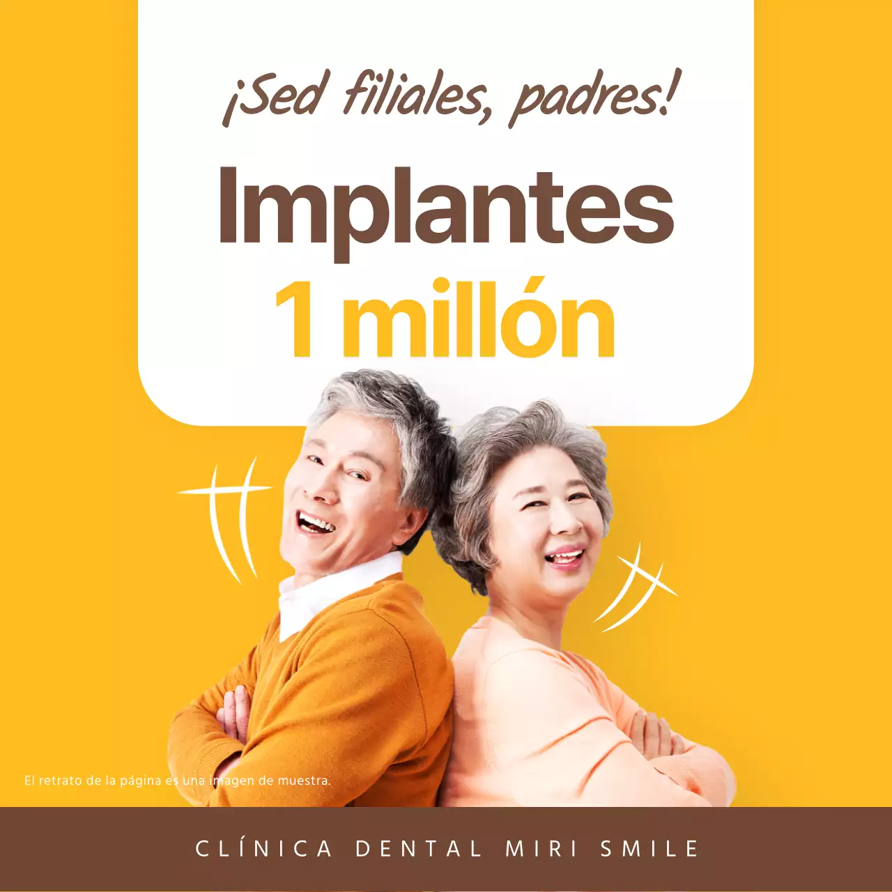 Anuncio dental de implante de piedad filial simple en naranja y marrón