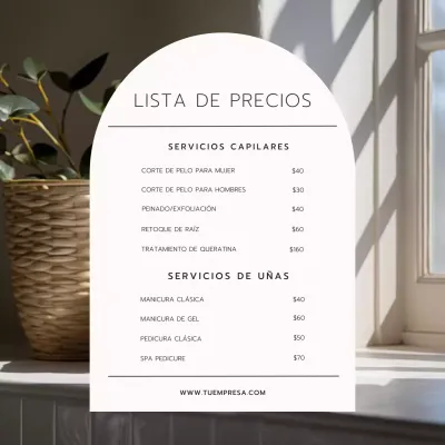 Promoción de la lista de precios de Minimal Beauty Studio en beige y negro