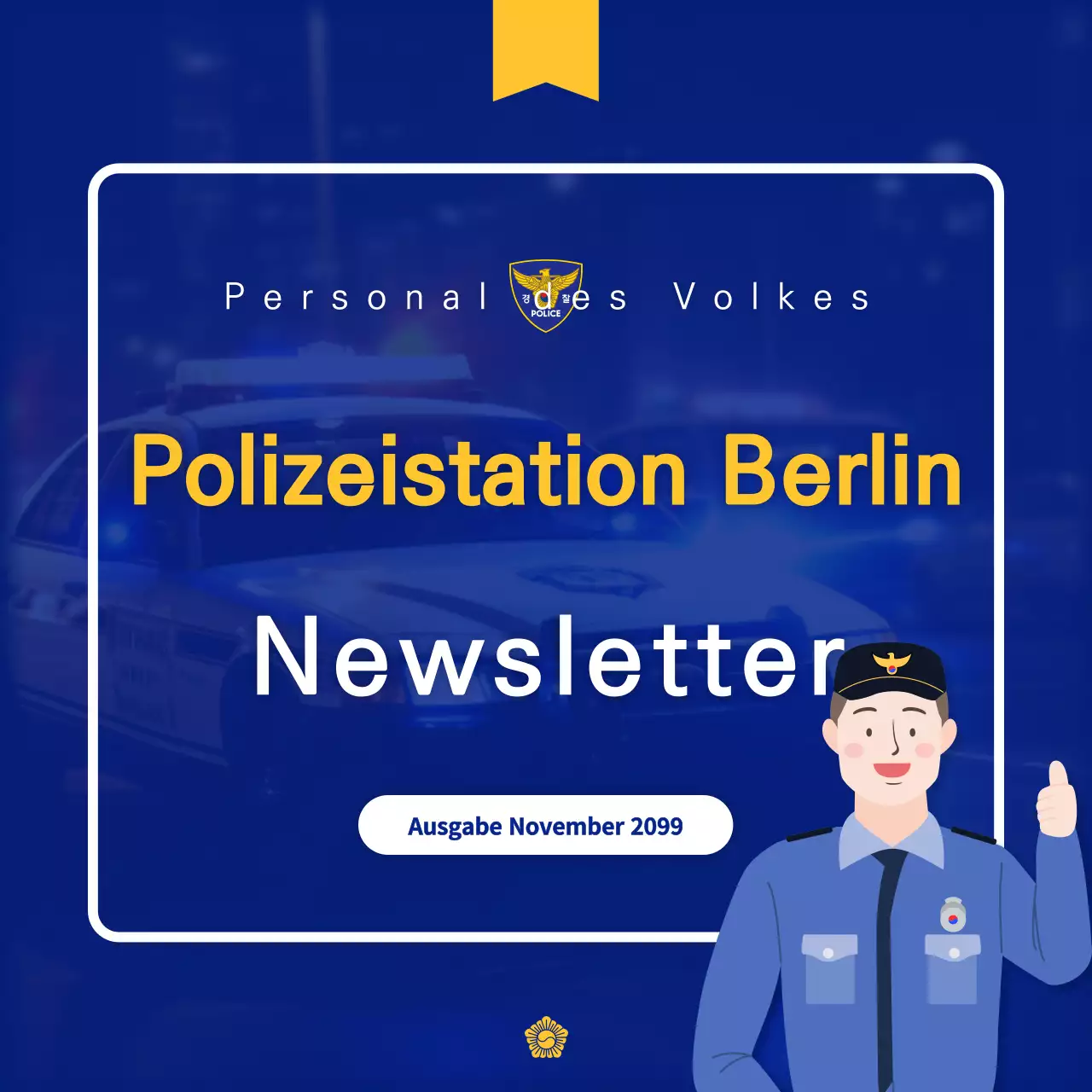 Werbung für einen trendigen Polizei-Newsletter in Gelb und Marineblau