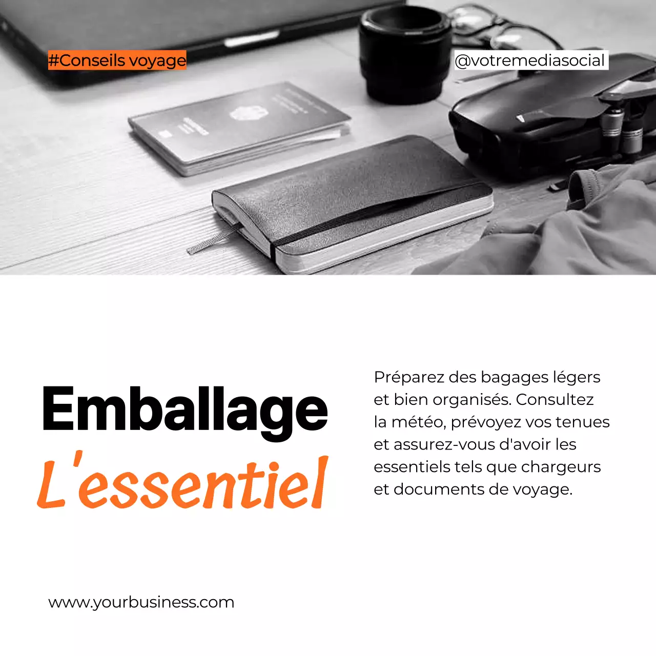 Noir Blanc Orange Gras Conseils de voyage Carrousel Instagram