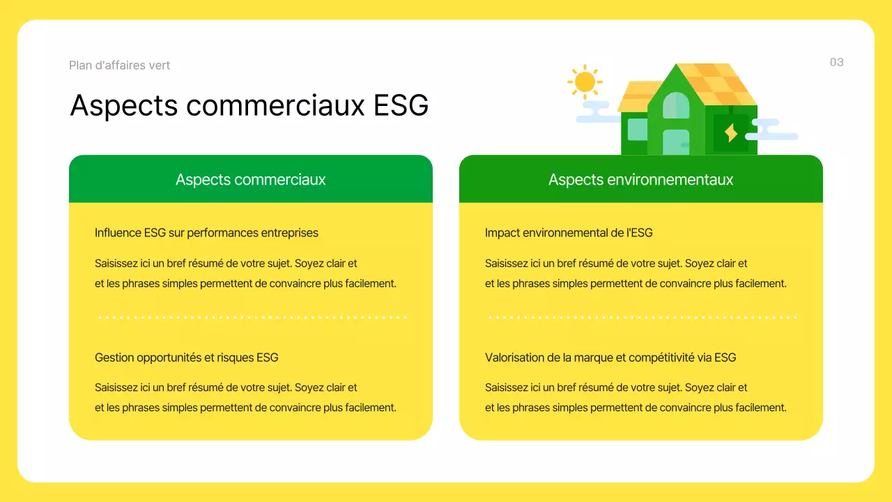 Un plan d'affaires ESG vert moderne en jaune et vert