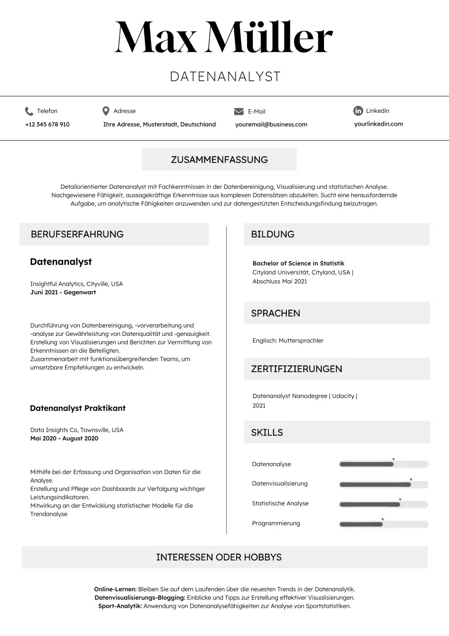 Weißer Minimal Data Analyst Lebenslauf