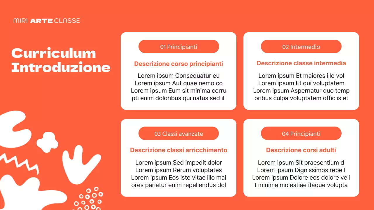 Un simpatico prospetto di scuola d'arte verde e arancione