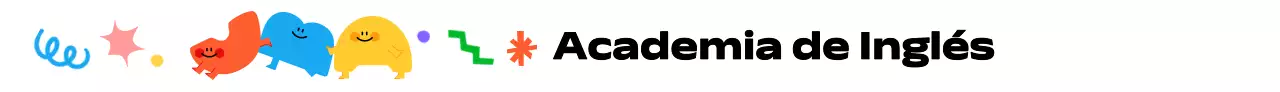 Una colorida academia de inglés con personajes ilustrados y muchas formas