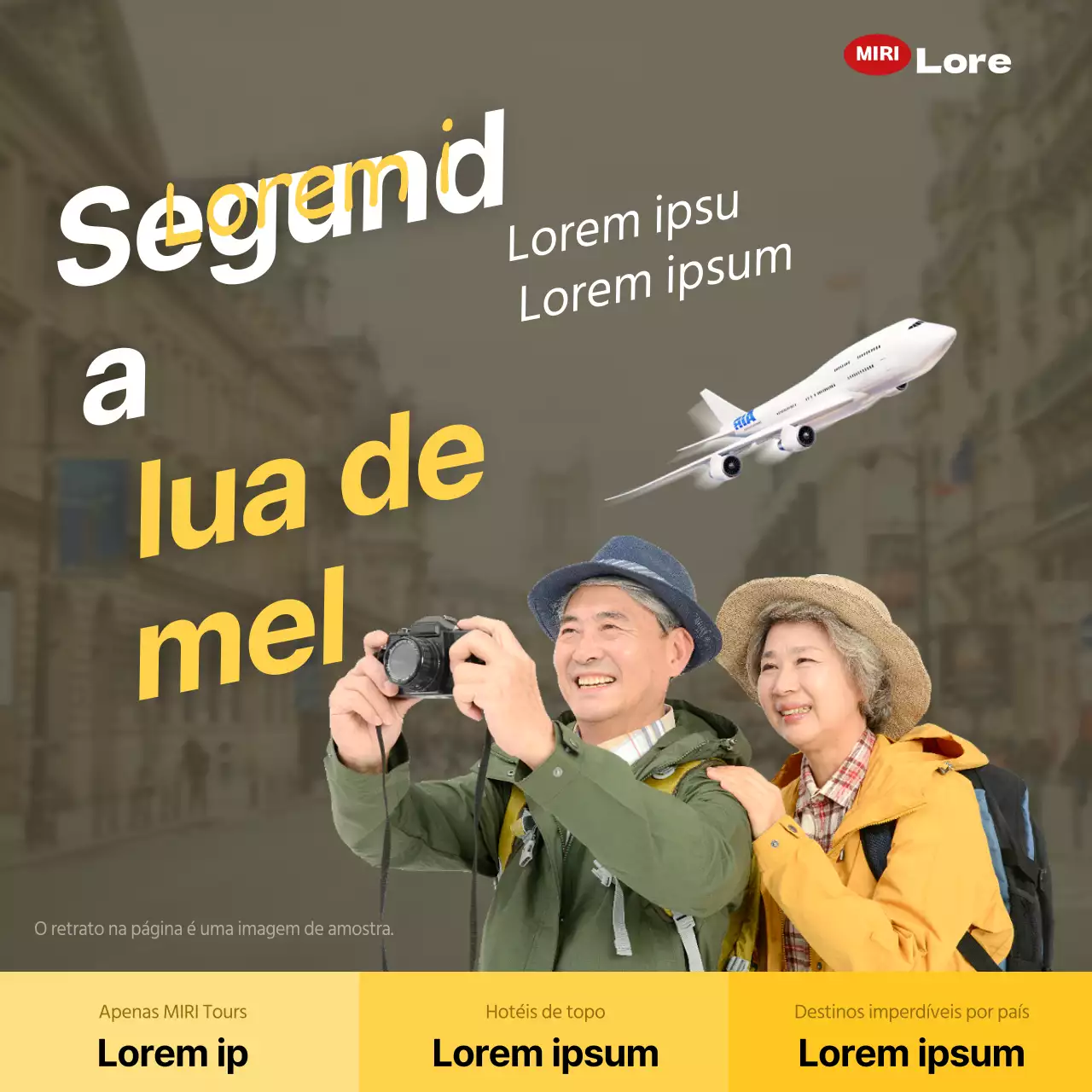 Promover um pacote minimalista amarelo e branco para a viagem dos pais ao estrangeiro