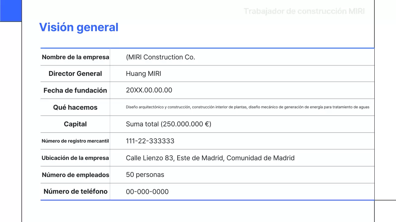 Un informe sencillo, azul y básico de facturación de la construcción