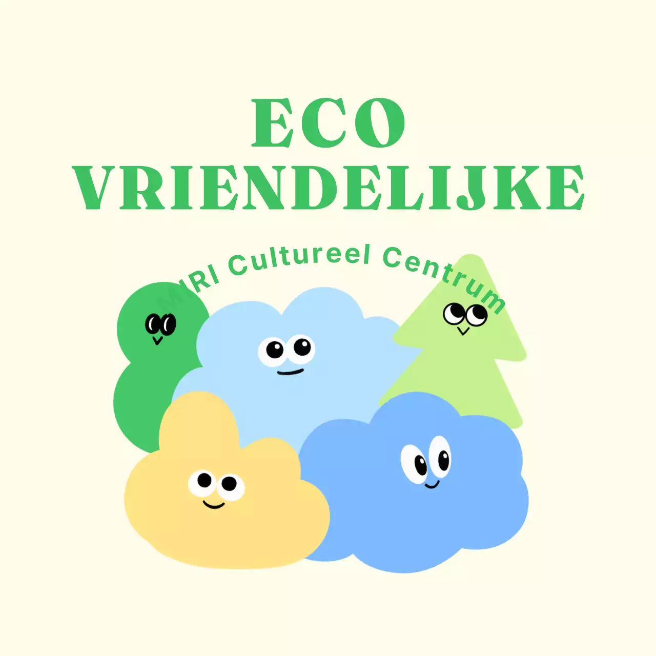 Cultureel centrum met kleurrijke wolken en natuurillustraties van gras en bomen