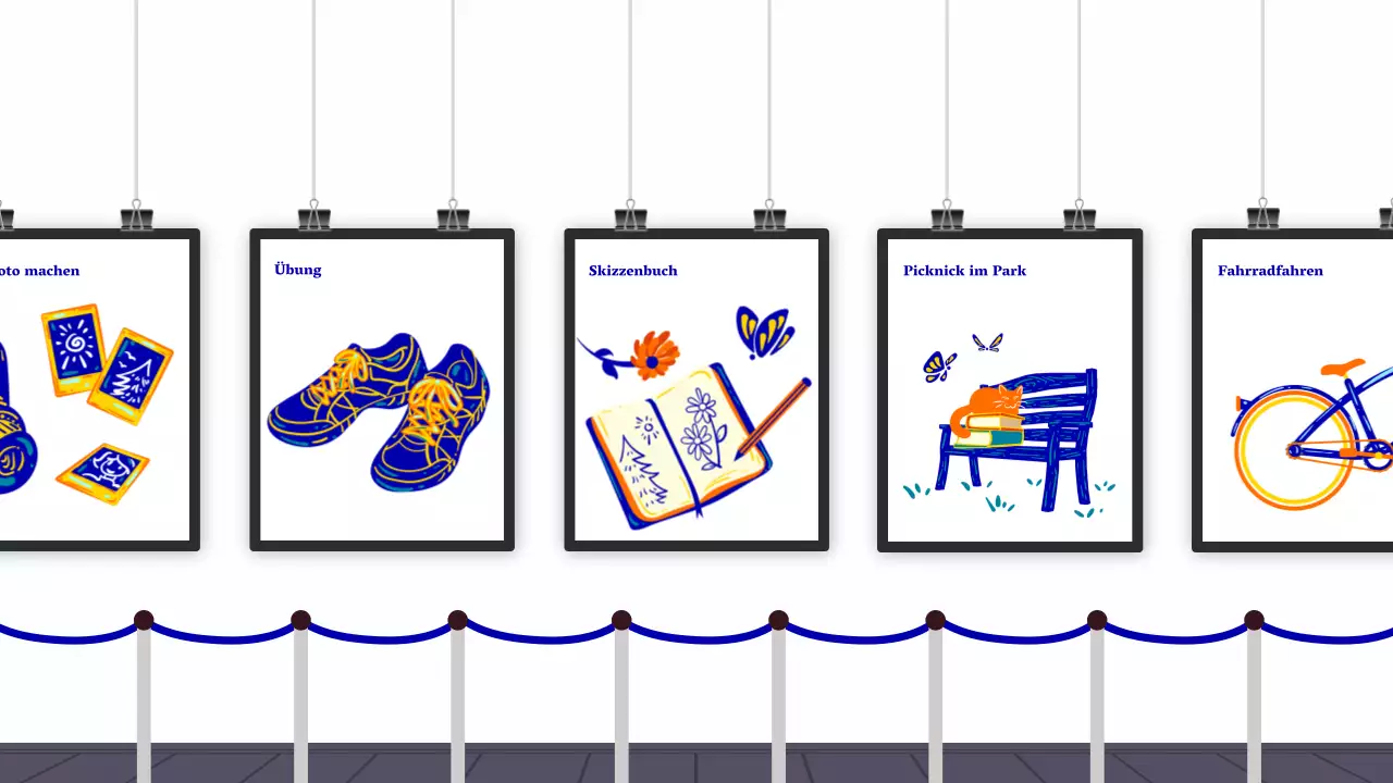 Eine fröhliche Ausstellung in Blau- und Orangetönen