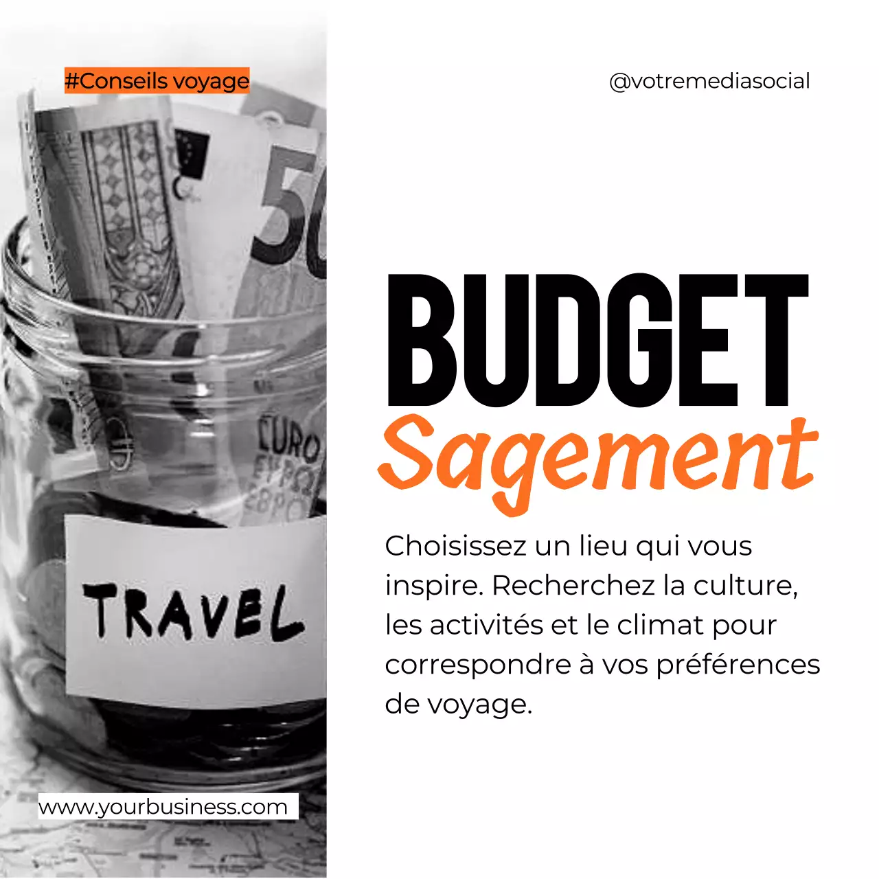 Noir Blanc Orange Gras Conseils de voyage Carrousel Instagram