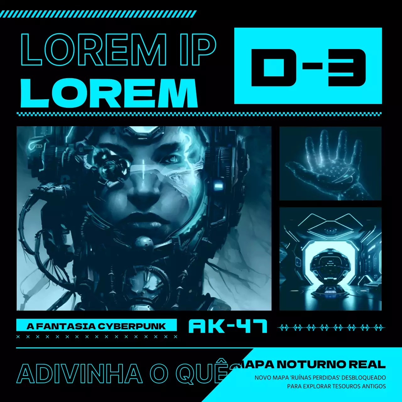 Actualizações do jogo Cyberpunk em néon e pretoPromoção SNS
