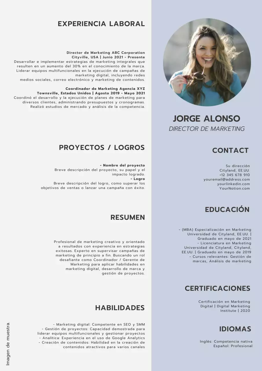 Gris y Azul Moderno Marketing Manager Resume Introducción