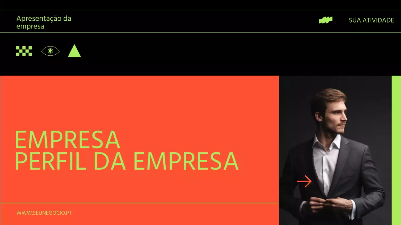 Relatório de perfil empresarial moderno em néon e preto