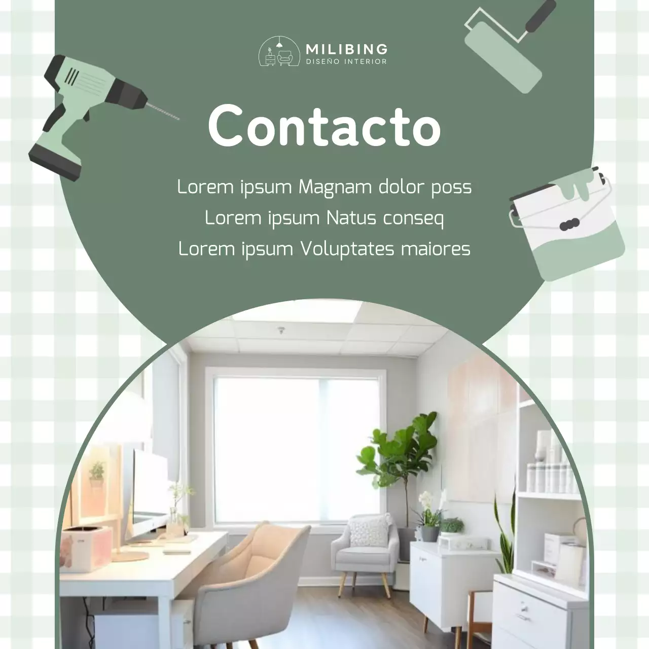 Bonito anuncio de revisión de construcción de interiores con fondo color menta