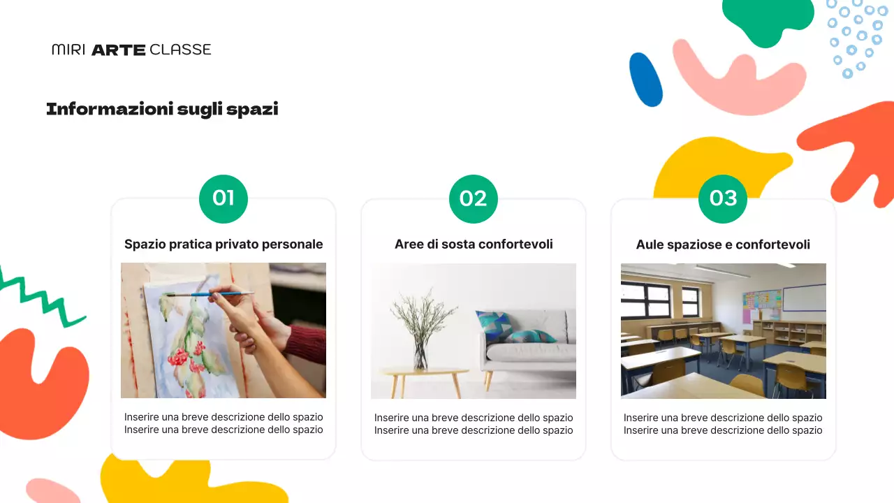 Un simpatico prospetto di scuola d'arte verde e arancione