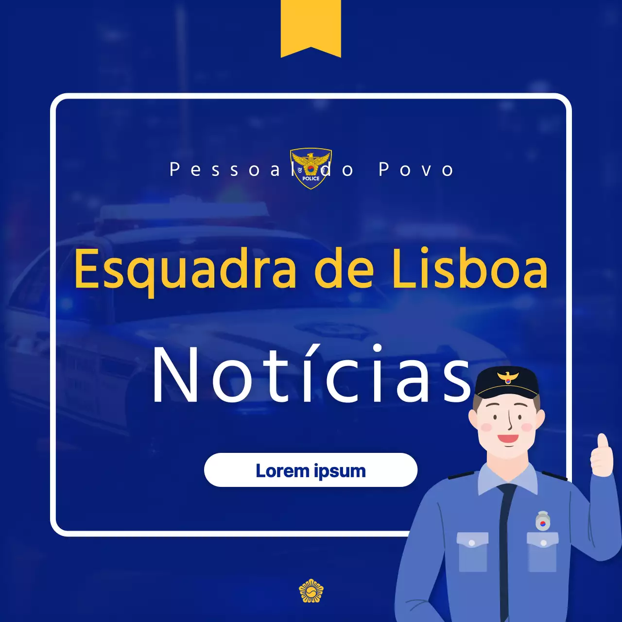 Promover um boletim informativo policial moderno em amarelo e azul-marinho