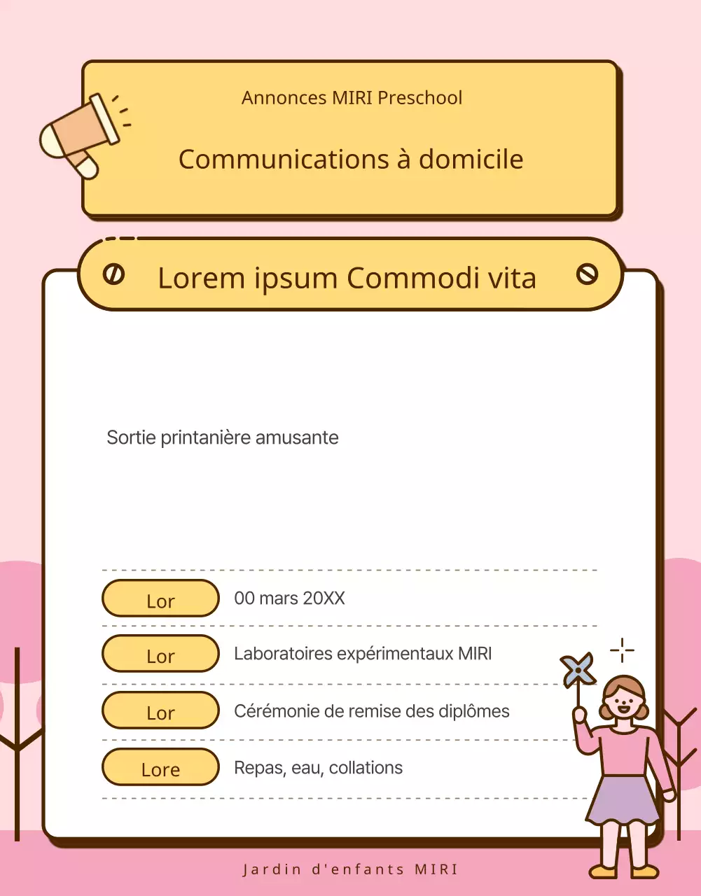 Une collection d'annonces mignonnes jaunes et roses pour l'école maternelle