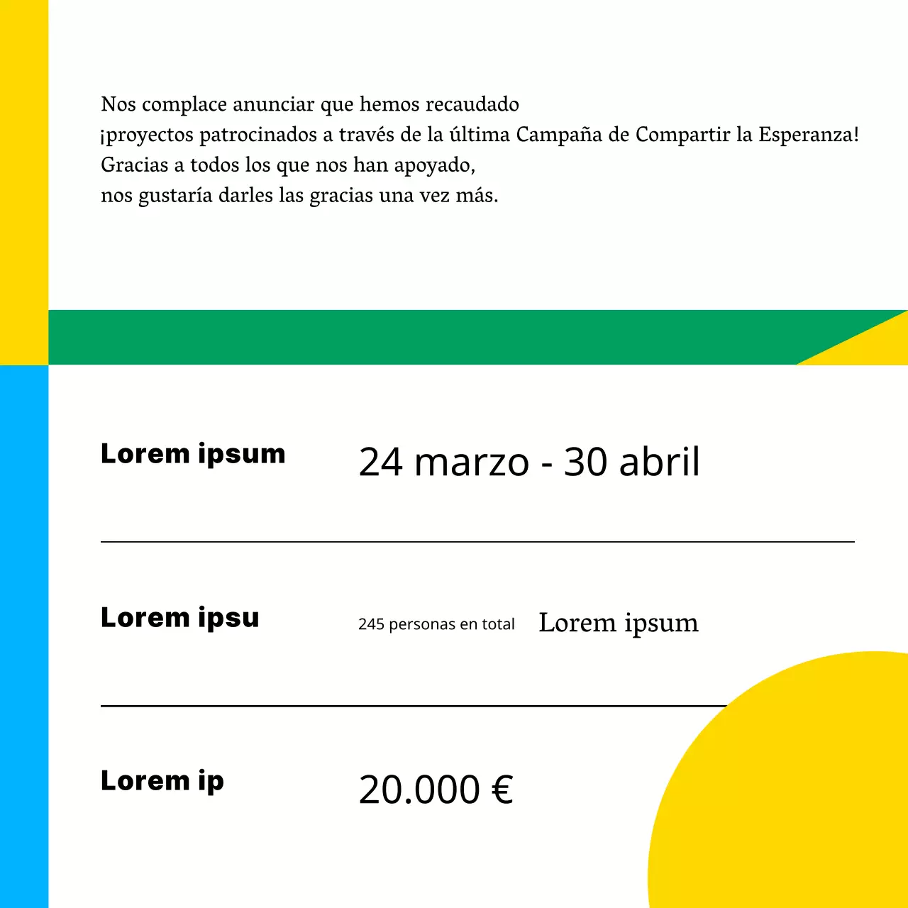 Un sencillo anuncio amarillo y azul de patrocinio institucional público sin ánimo de lucro