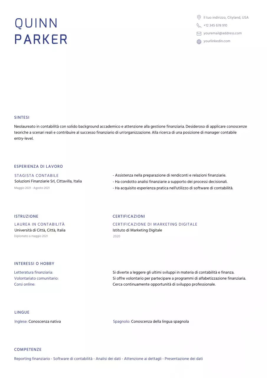 Blu pulito minimalista Contabilità curriculum vitae