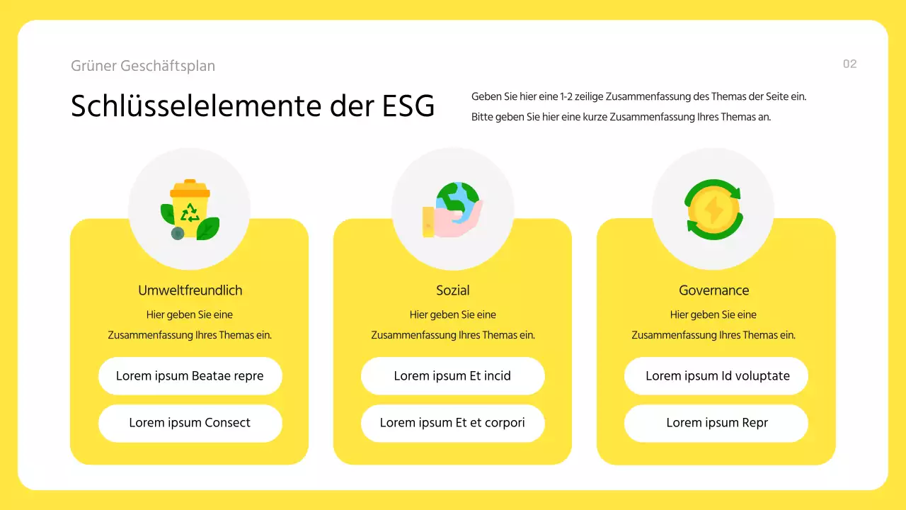 Ein moderner, grüner und gelber ESG-Geschäftsplan