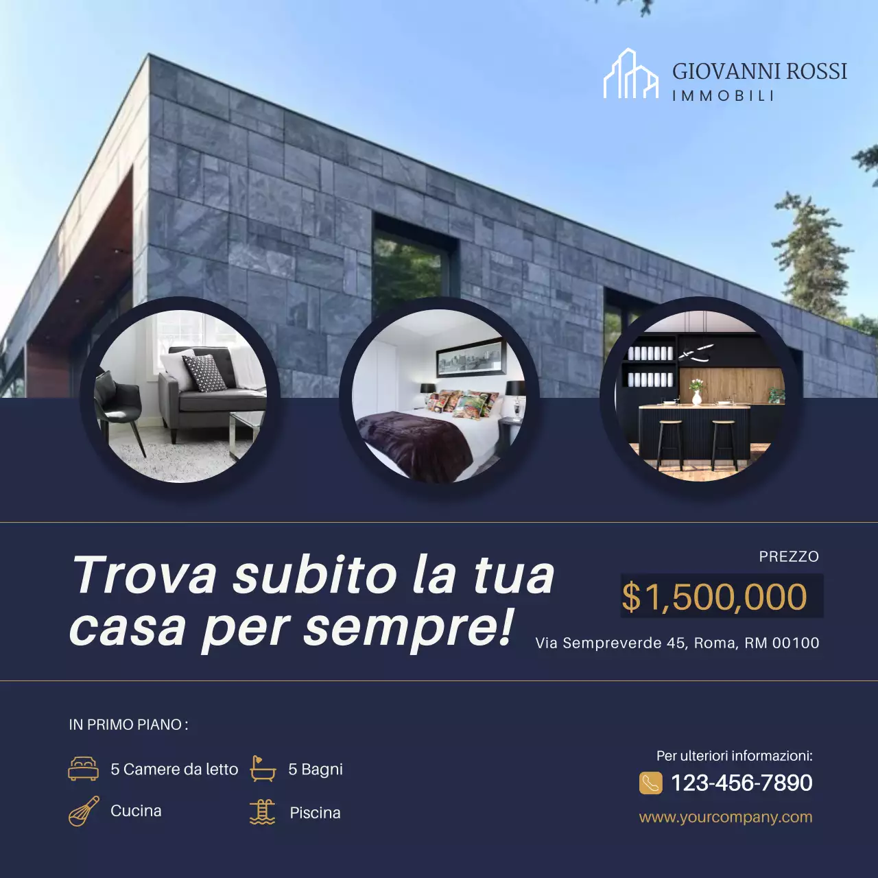 Casa minimale blu e oro in vendita Post Instagram immobiliare