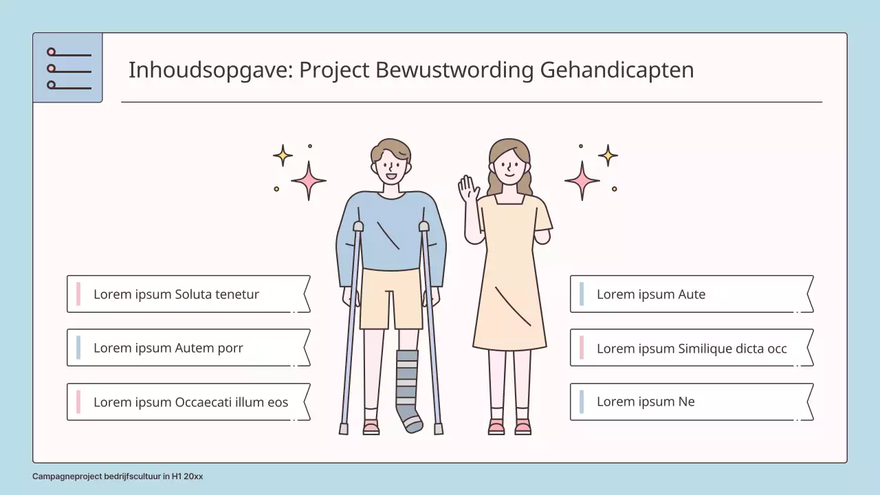 Een lichtblauw en roze projectvoorstel voor bewustwording van arbeidsongeschiktheid voor je bedrijf