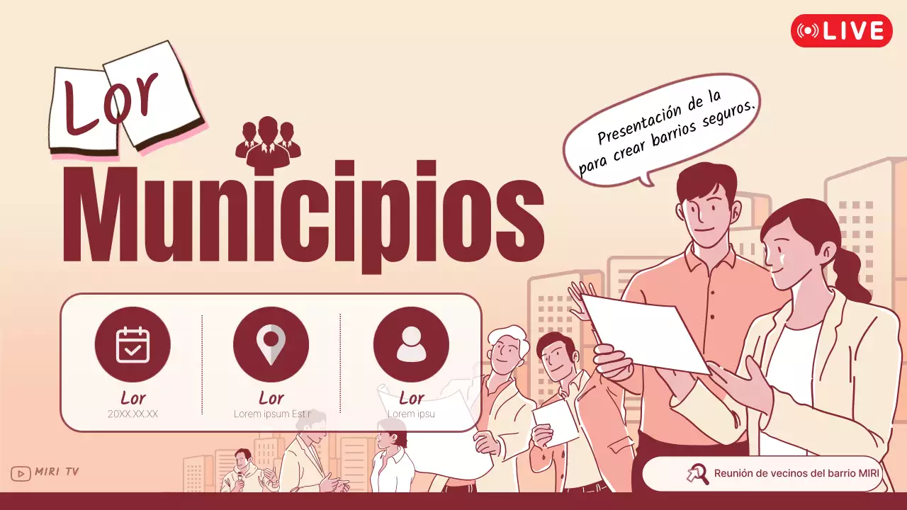 Anuncio en directo de una sencilla reunión municipal naranja y marrón