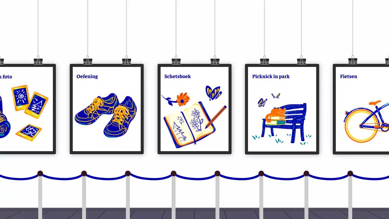 Een vrolijke tentoonstelling van blauw en oranje