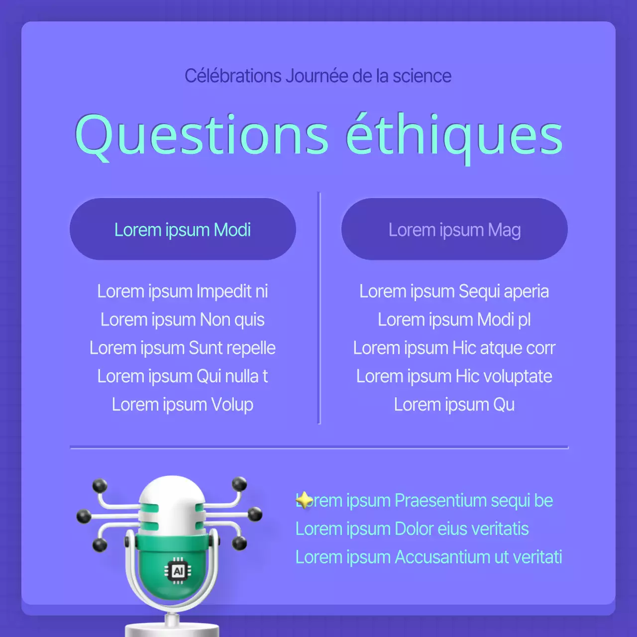Un poste AI moderne pour la fête de la science, en violet et menthe