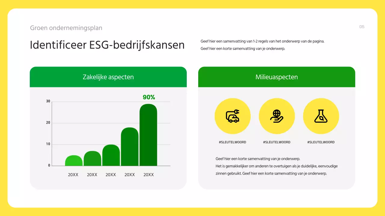 Een modern groen ESG-bedrijfsplan in geel en groen