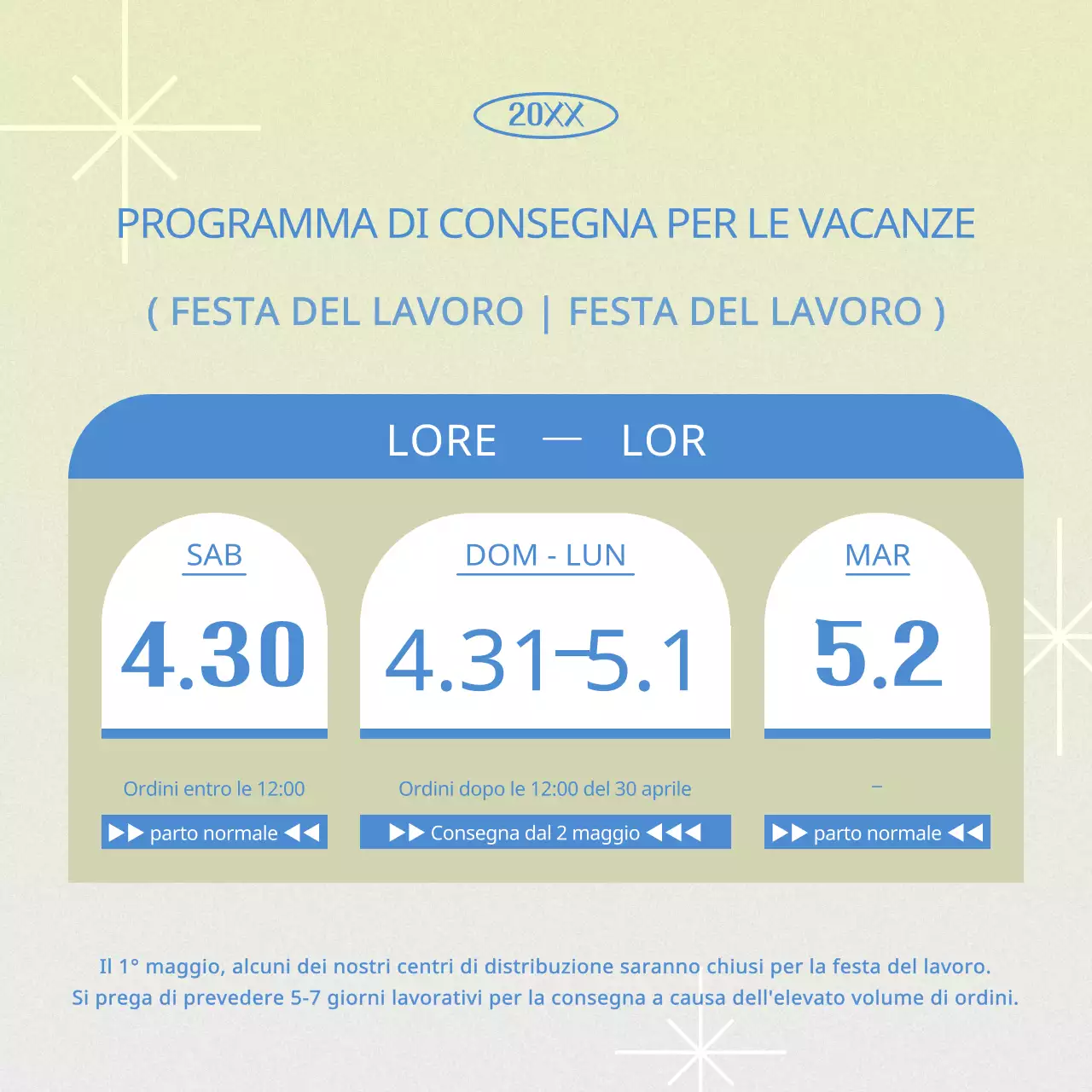 La classica guida alle consegne per le vacanze in azzurro e bianco