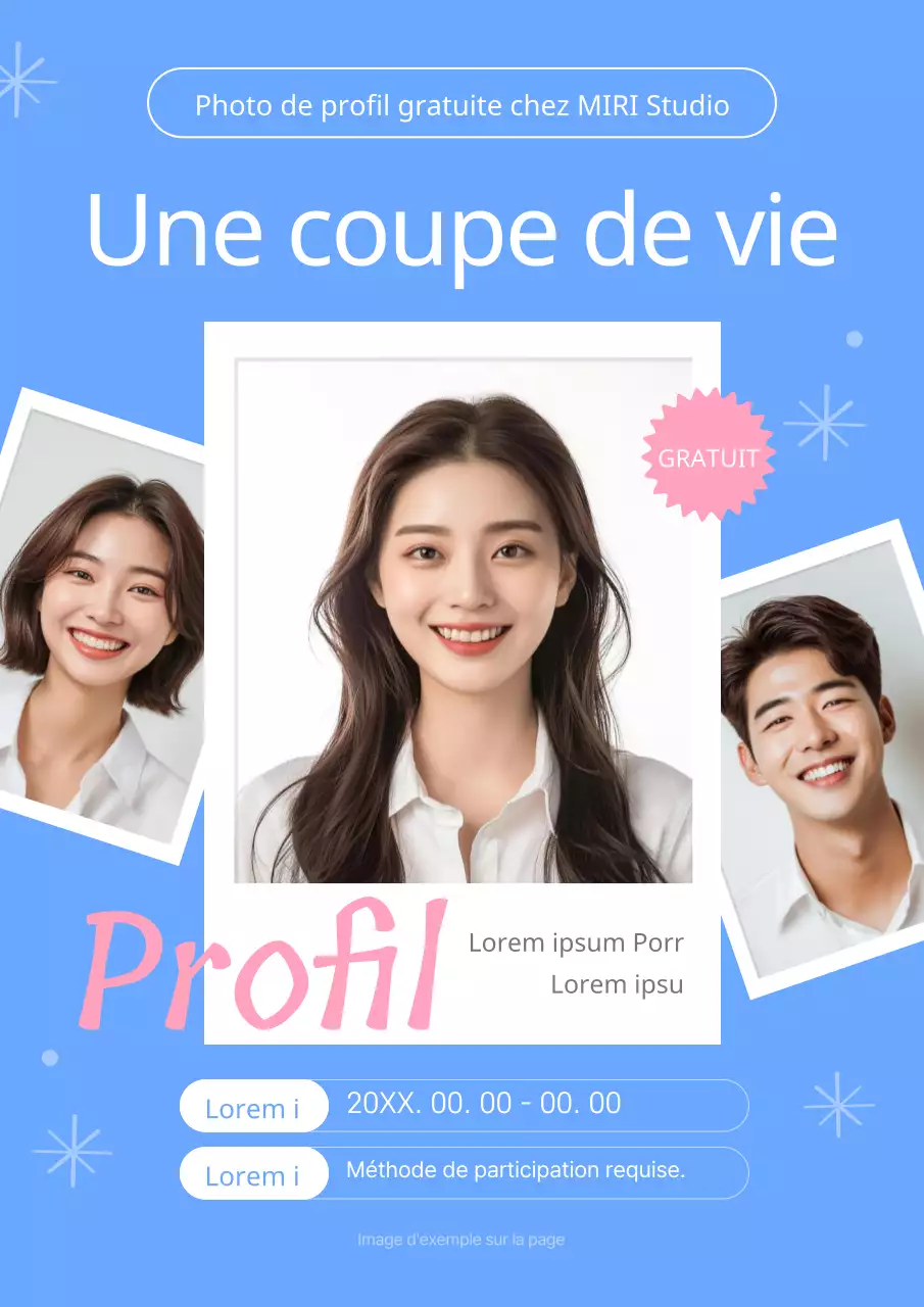 Profil de studio moderne en bleu et rose pour promouvoir une séance photo gratuite