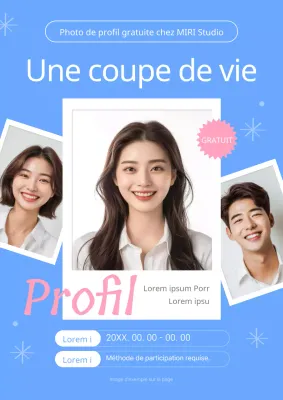 Profil de studio moderne en bleu et rose pour promouvoir une séance photo gratuite