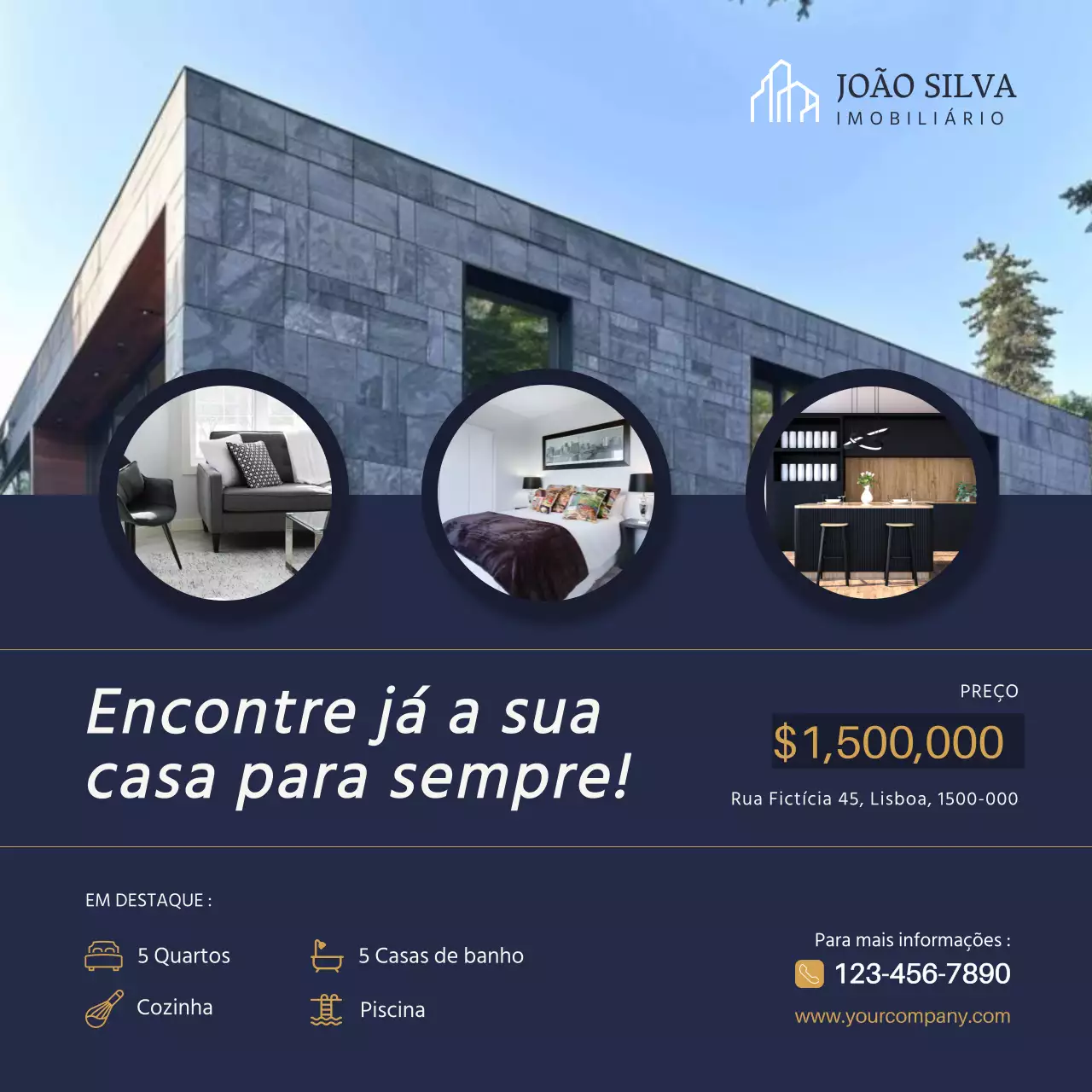 Casa minimalista azul e dourada para venda de imóveis Postagem no Instagram