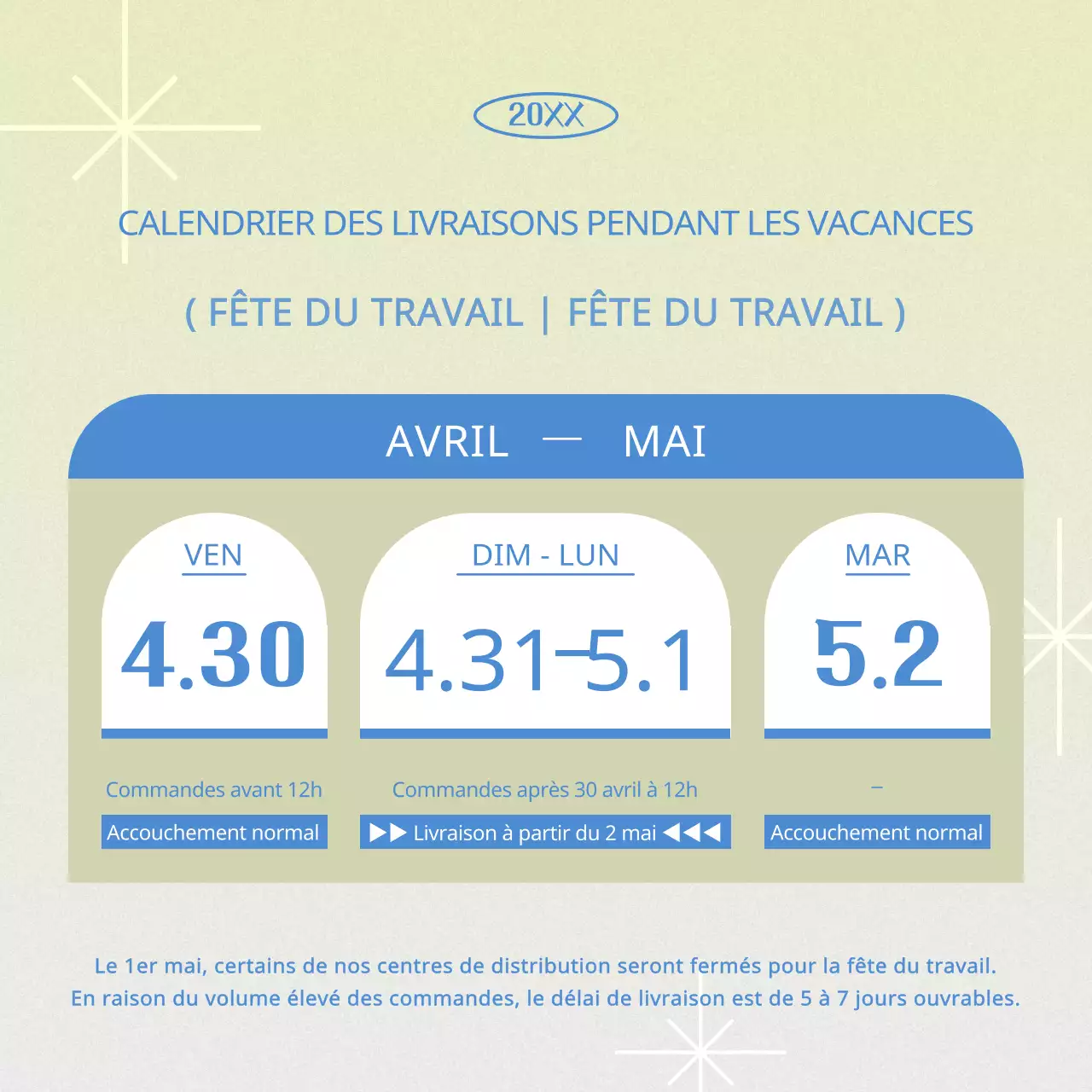 Le guide des horaires de livraison pour les fêtes de fin d'année en bleu clair et blanc