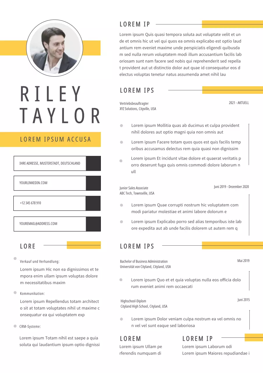 Gelb Einfacher Lebenslauf eines Vertriebsmitarbeiters