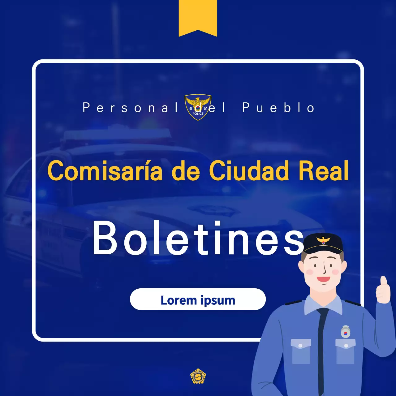 Promueva un boletín policial de moda en amarillo y azul marino