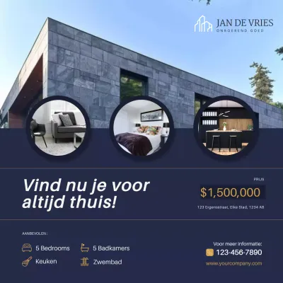 Blauw en Goud Minimal Huis Te Koop Instagram Post