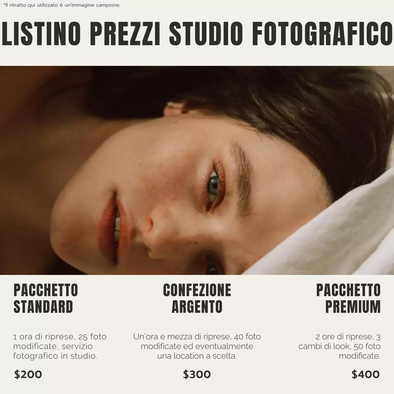 Promozione del listino prezzi dello studio fotografico estetico moderno beige e marrone