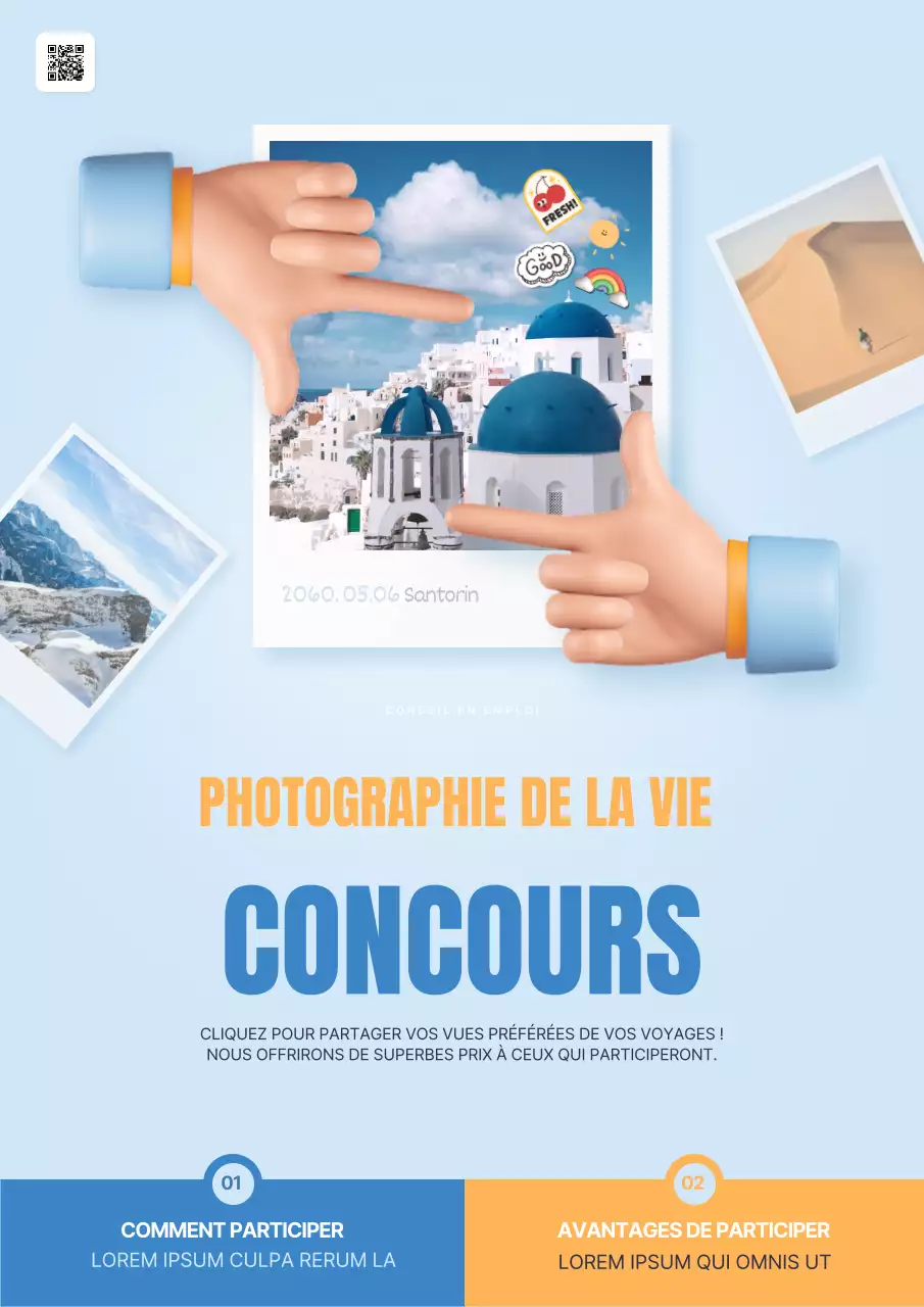 Flyer promotionnel pour un concours de photos en bleu clair et orange