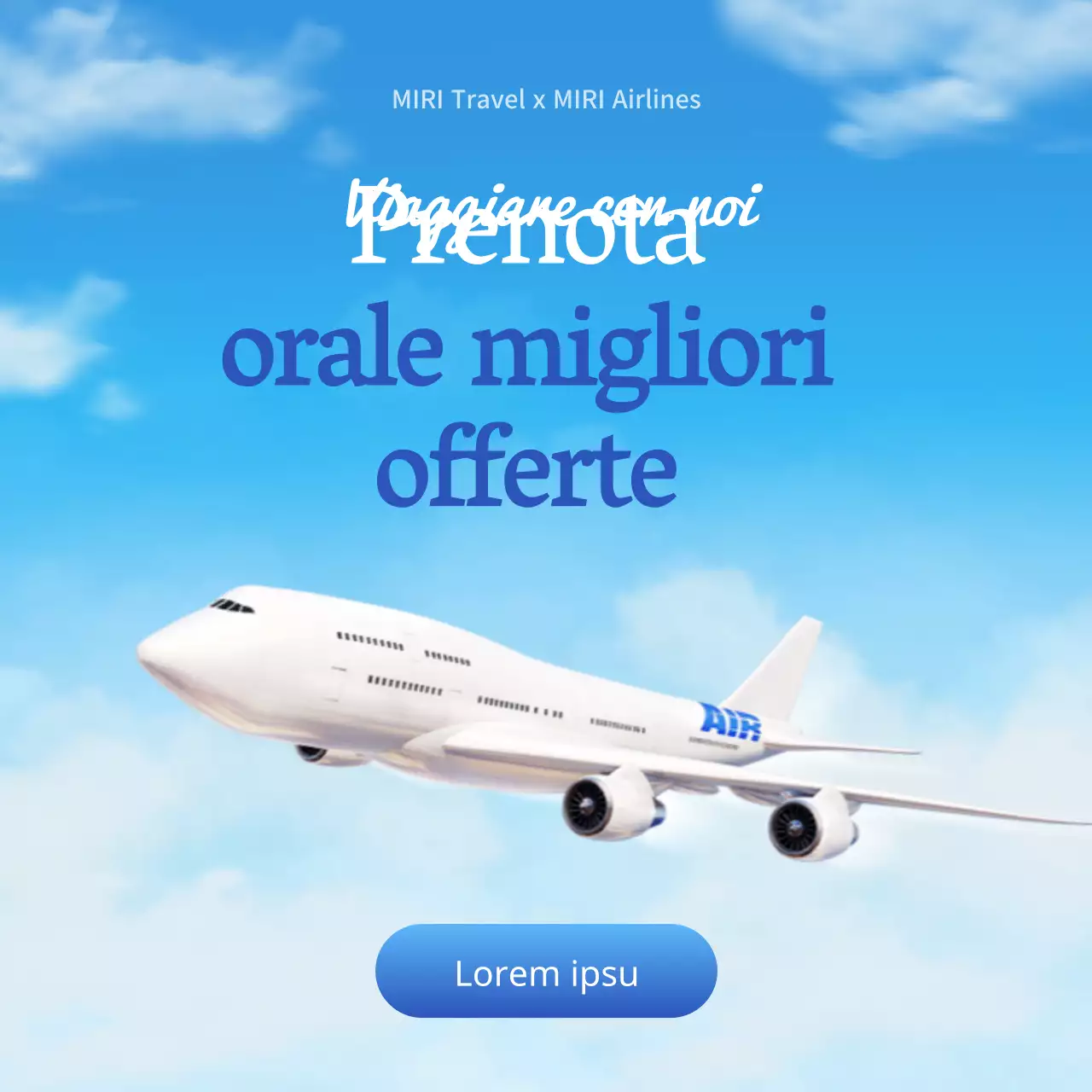 Un annuncio di viaggio semplice, azzurro e bianco.