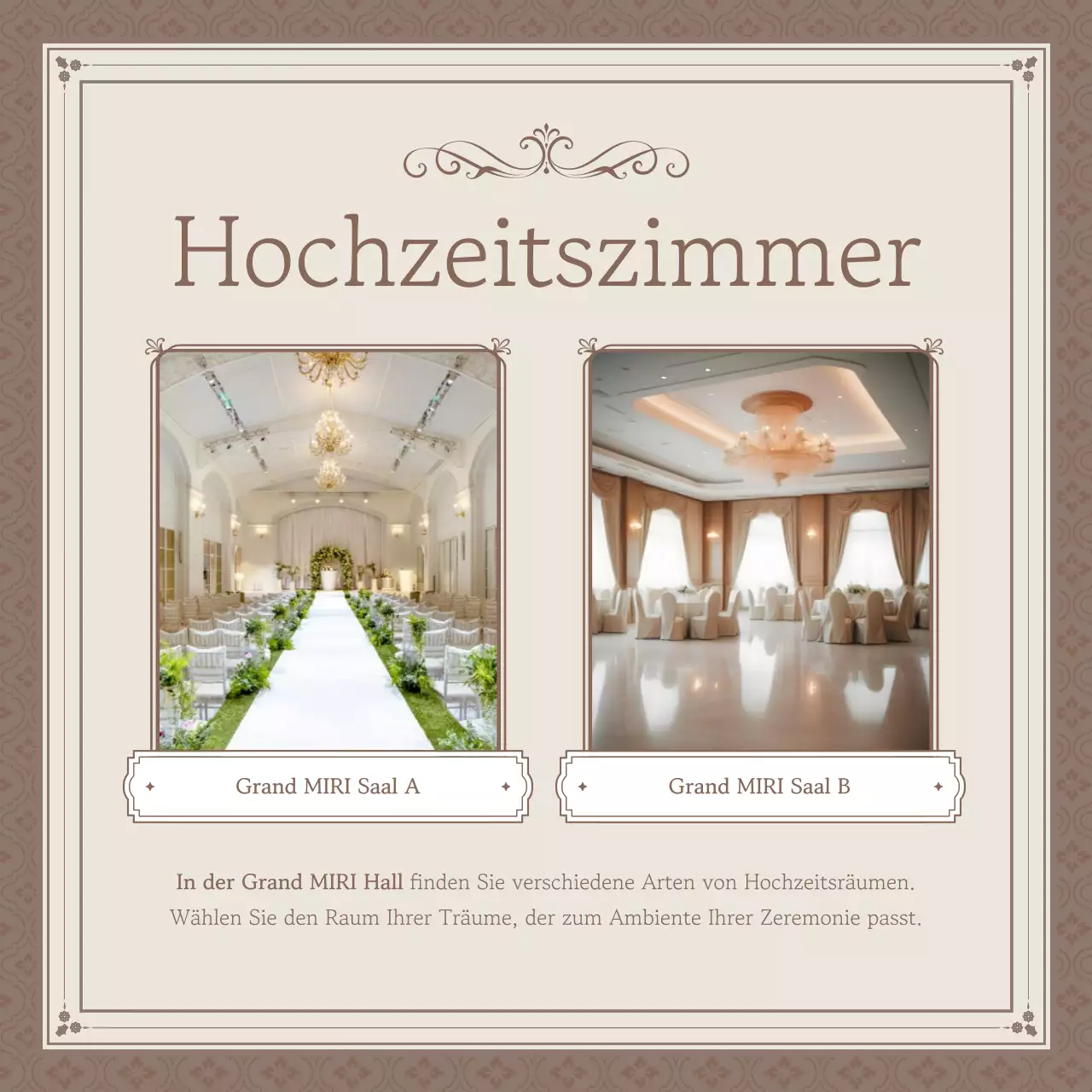 Werbung für eine klassische Hochzeitslocation in Beige und Elfenbein